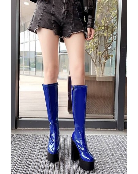 Blue Zipper Up Platform Chunky Heel Mid-calf Boots