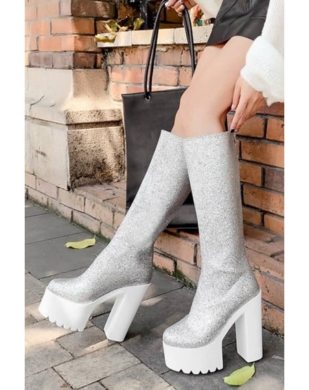Silver Zipper Up Platform Chunky Heel Knee High Boots