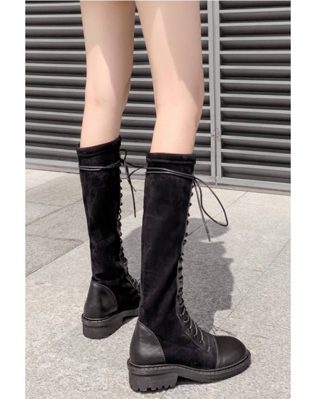 Black Lace Up Round Toe Low Heel Mid-calf Boots
