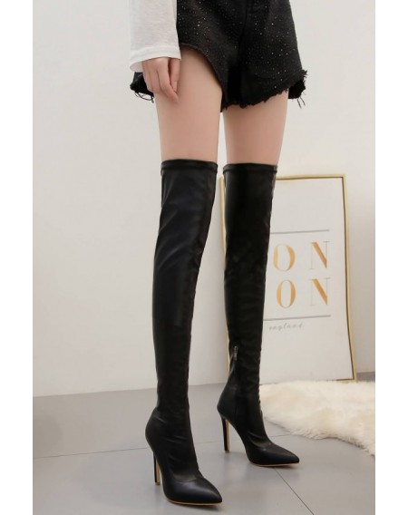 Black Zipper Up Pointed Toe Stiletto Over The Knee Boots