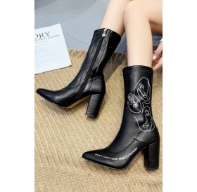 Black Graphic Print Zipper Up Chunky Heel Mid-calf Boots