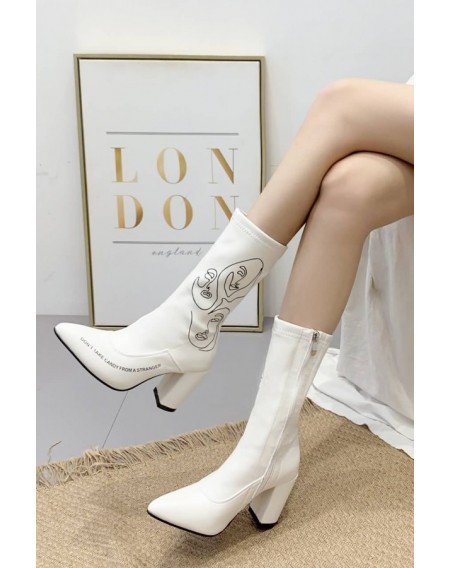 White Graphic Print Zipper Up Chunky Heel Mid-calf Boots