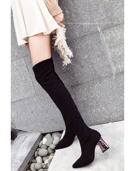 Black Pointed Toe Chunky Heel Over The Knee Boots