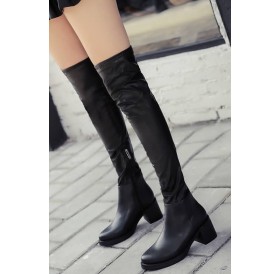 Black Zipper Up Round Toe Chunky Heel Over The Knee Boots