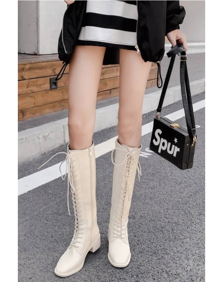Apricot Lace Up Zipper Up Low Heel Mid-calf Boots