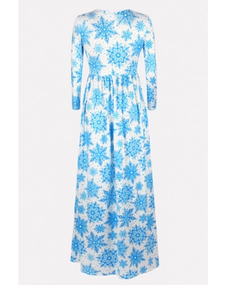 Jade-blue Snowflake Print Round Neck Long Sleeve Christmas Maxi Dress
