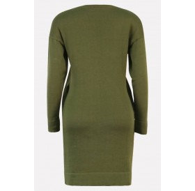 Dark-green V Neck Long Sleeve Casual Sweater Dress