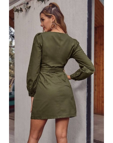 Army-green Tied Button Up Square Neck Long Sleeve Casual Dress