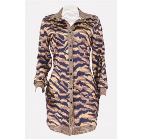 Brown Tiger Button Up Long Sleeve Casual Dress