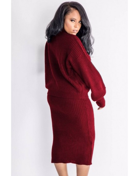 Dark-red Turtle Neck Long Sleeve Casual Sweater Skirt Set