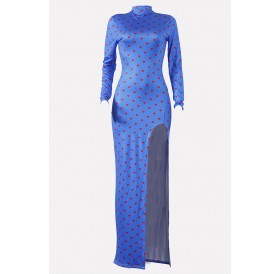 Blue Heart Print Split Mock Neck Long Sleeve Casual Dress