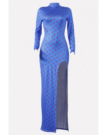Blue Heart Print Split Mock Neck Long Sleeve Casual Dress