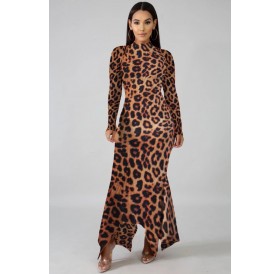 Brown Leopard Mock Neck Long Sleeve Asymmetric Hem Casual Dress