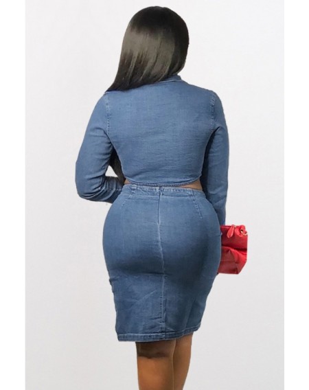 Blue Zipper Up Notched Collar Long Sleeve Casual Bodycon Skirt Set