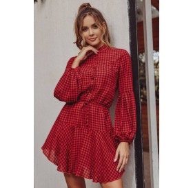 Red Gingham Button Up Long Sleeve Casual Dress