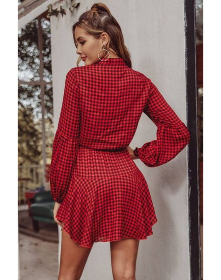 Red Gingham Button Up Long Sleeve Casual Dress