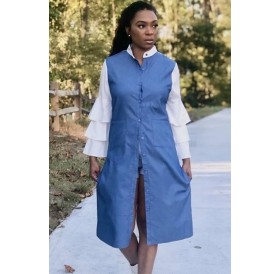 Blue Letters Print Button Up Layered Sleeve Casual Dress