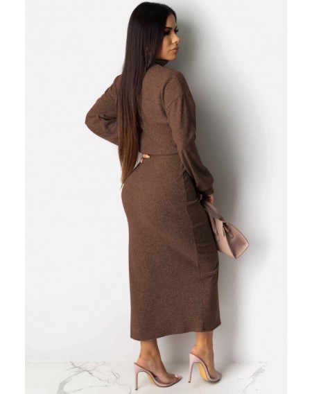 Coffee High Collar Slit Long Sleeve Casual Crop Top Skirts Set