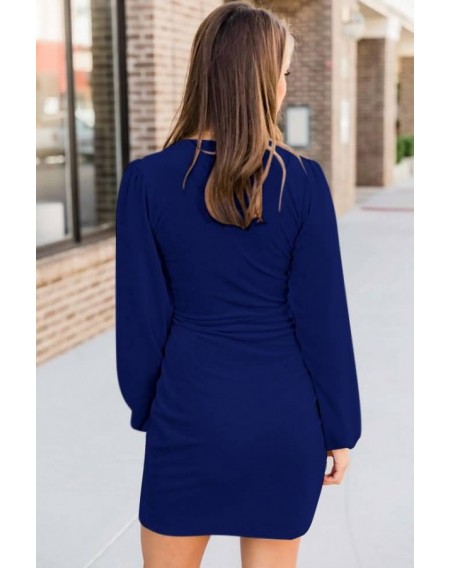 Dark-blue Velour Wrap Long Sleeve Casual Tulip Dress
