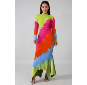 Multi Color Block Mock Neck Long Sleeve Asymmetric Hem Casual Dress