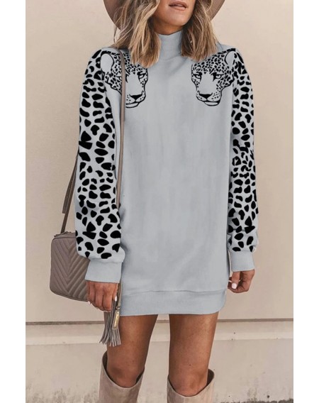 Leopard High Collar Long Sleeve Casual Sweatshirt Dress