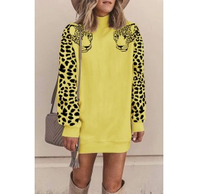 Leopard High Collar Long Sleeve Casual Sweatshirt Dress