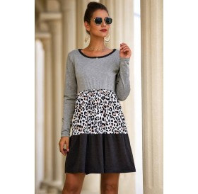 Gray Leopard Round Neck Long Sleeve Casual Dress