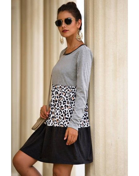 Gray Leopard Round Neck Long Sleeve Casual Dress