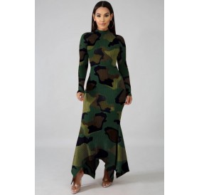 Army-green Camouflage Mock Neck Long Sleeve Asymmetric Hem Casual Dress