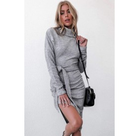 Gray Belted Split Side High Collar Long Sleeve Casual Dress