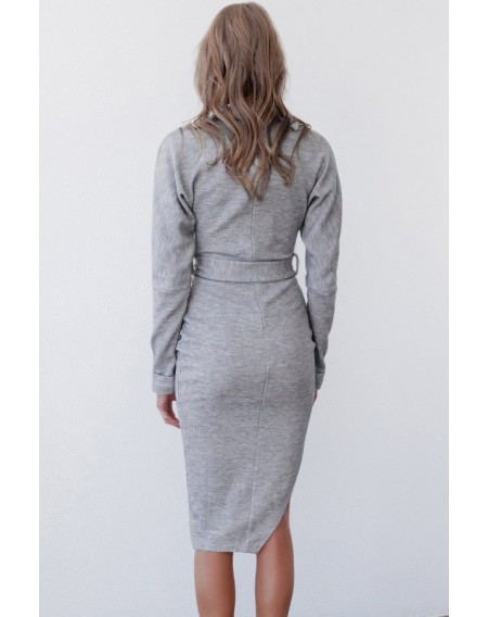Gray Belted Split Side High Collar Long Sleeve Casual Dress