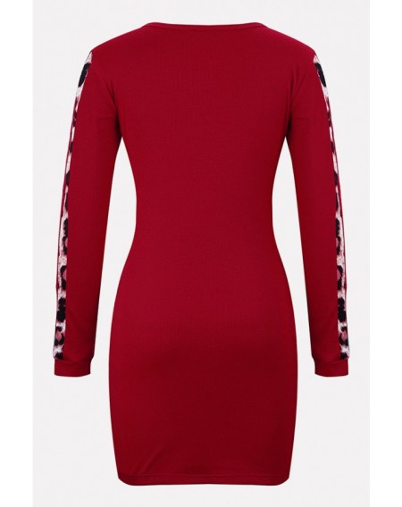 Red Leopard Side Splicing Round Neck Long Sleeve Casual Dress