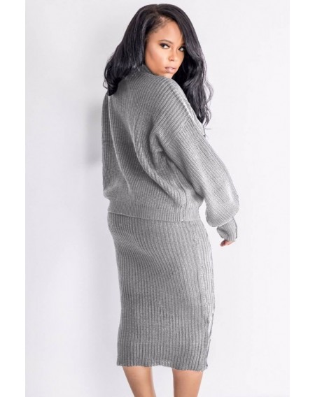 Gray Turtle Neck Long Sleeve Casual Sweater Skirt Set