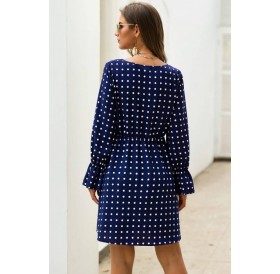 Dark-blue Polka Dot Button Decor Tied Long Sleeve Casual Dress