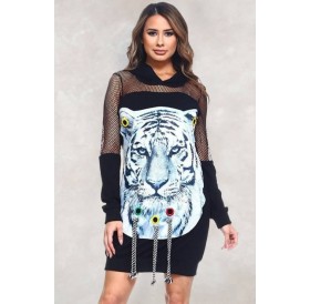 Black Tiger Print Mesh Hoodie Long Sleeve Casual Dress