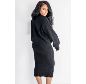 Black Turtle Neck Long Sleeve Casual Sweater Skirt Set