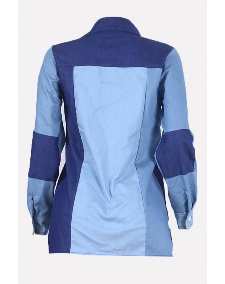 Blue Splicing Button Up Long Sleeve Casual Denim Shirt