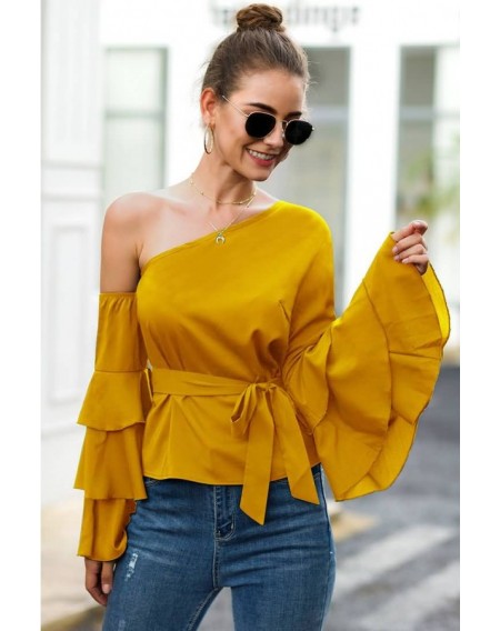 Yellow Tied One Shoulder Flare Sleeve Casual Blouse
