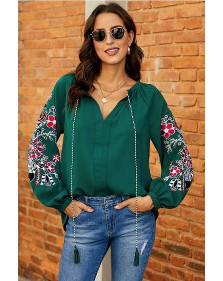 Green Floral Embroidery V Neck Long Sleeve Casual Blouse