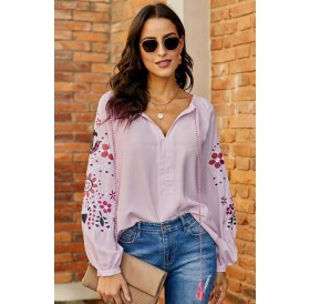 Floral Embroidery V Neck Long Sleeve Casual Blouse