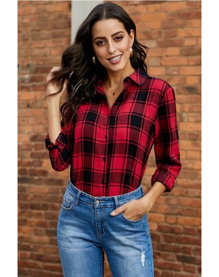 Red Plaid Button Up Long Sleeve Casual Shirt