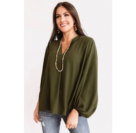 Army-green V Neck Puff Sleeve Casual Blouse