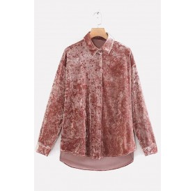 Pink Velour Button Up Long Sleeve High Low Casual Shirt