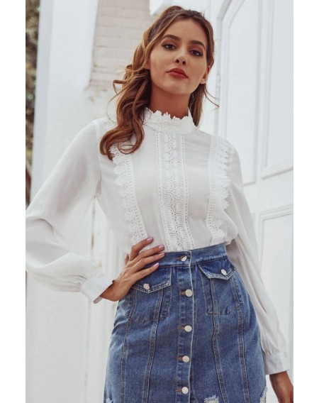 White Crochet Splicing Stand Collar Long Sleeve Casual Blouse