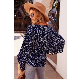Dark-blue Floral Print Button Up Tassels Casual Blouse