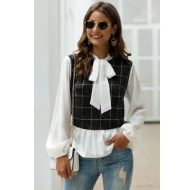 Black Plaid Splicing Tied Long Sleeve Casual Blouse