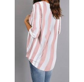 Pink Stripe Wrap Long Sleeve Casual Blouse