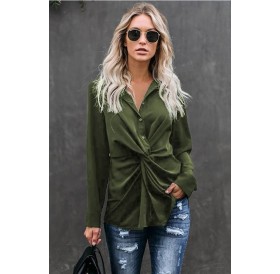 Army-green Twisted Button Up Long Sleeve Casual Shirt