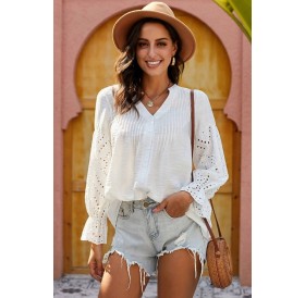 White Button Up Hollow Out V Neck Long Sleeve Casual Blouse