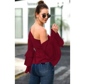 Dark-red Tied One Shoulder Flare Sleeve Casual Blouse